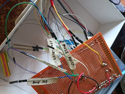 7 June — Off the breadboard, onto soldered perfboard. An MCP3208 ADC wired for the soil and gas channels, every line hand-labelled (MCP-P3, AOUT…).