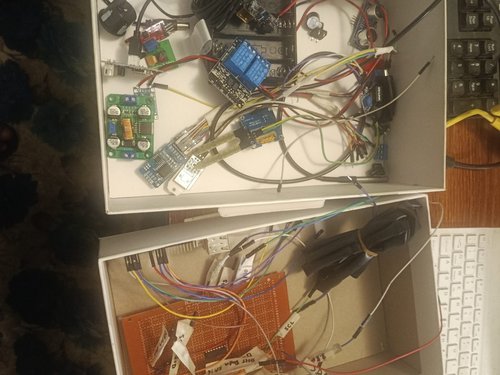 7 June — Everything finds a tray: relay, buzzer, gas sensor and power board up top; the soldered sensor board below.