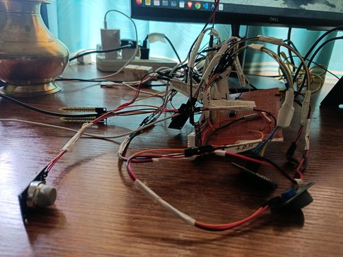 9 June — The full sensor harness fanned out: air (DHT22, BMP280), soil (DS18B20 + capacitive moisture), and the MQ-7 / MQ-135 gas proxies, all landing on the ADC.