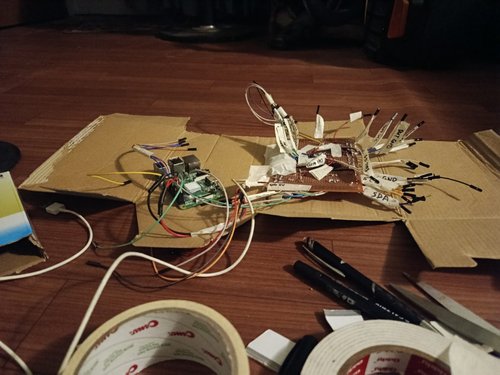 11 June, 00:33 — The night before AIT Jury Day. Boards mounted on a cardboard substrate, sensors splayed out for a final shakedown.
