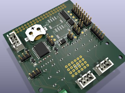 Carrier HAT v1, rendered from the KiCad board: 65 × 70 mm, 60 parts, sitting on a Raspberry Pi. It puts the ADC, the gas-sensor front-end, the real-time clock and the sensor connectors on one board. Designed and routed; not yet fabricated.