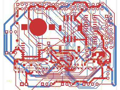 The same board's two copper layers as routed: top in red, bottom in blue.