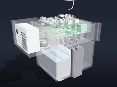 The sealed research enclosure, exploded: the carrier HAT on a Pi 4 in the dry zone, the louvred head for the gas and particulate sensors, and the battery bay below, walled off from the electronics. First CAD pass; not yet printed.
