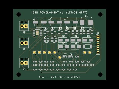 Power-Management v1: a solar charger (LT3652, with maximum-power-point tracking) for a 3S Li-ion or 4S LiFePO4 battery, 60 × 46 mm, 63 parts. Routed and design-rule clean; not yet fabricated.