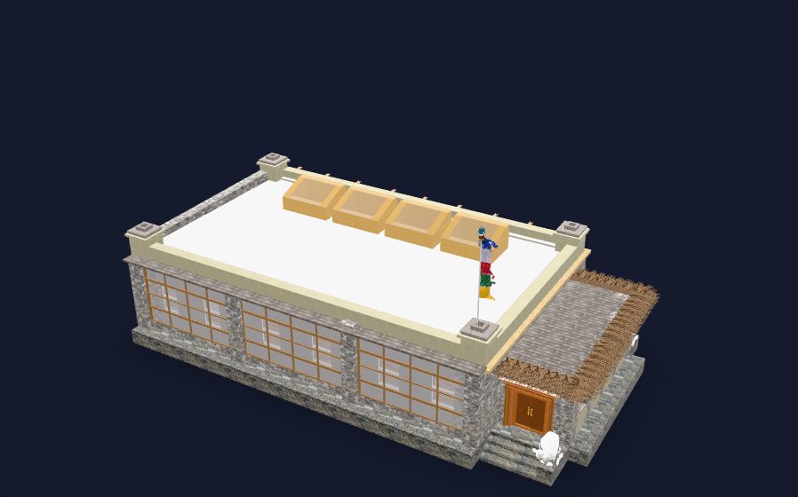 3D model of the Crystal Mountain School multipurpose hall: a single-storey stone hall with a long glazed south wall, a flat roof with skylights, and an entrance porch on the east.